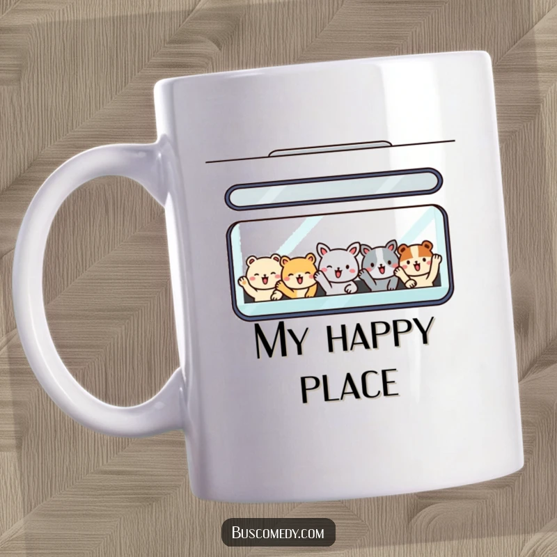 Funny mug featuring smiling animal passengers waving happily from inside a bus window, exuding joy and cuteness.