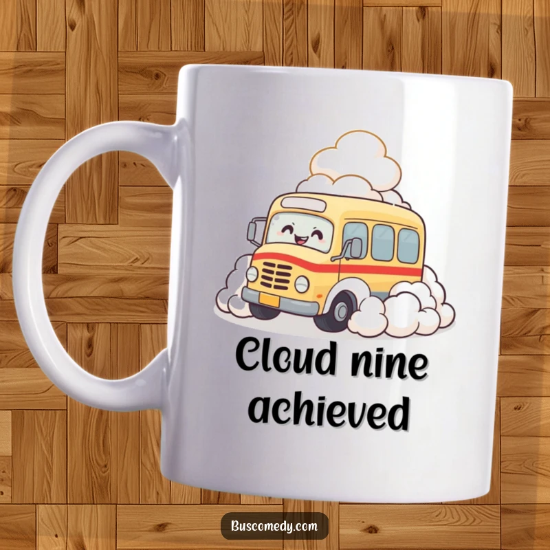 Funny mug featuring a cheerful bus character happily rolling into a soft pile of clouds, giggling with pure joy.