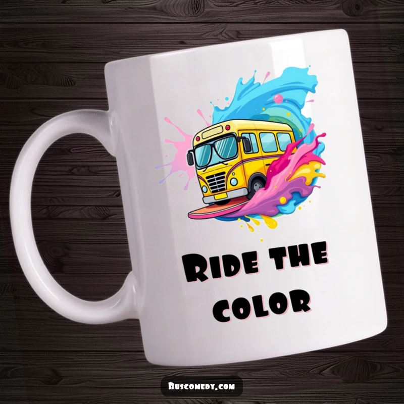 Funny bus character wearing small sunglasses confidently surfs a dynamic wave of colorful paint on this mug.