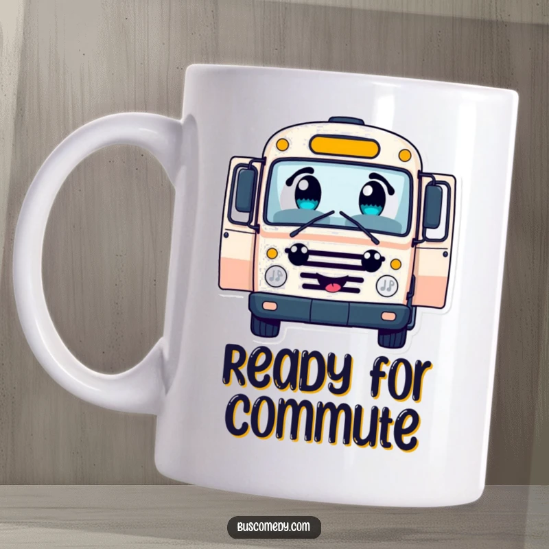 Funny cheerful bus character mug, with large curious eyes, doors open wide, inviting passengers, whimsical transportation design.