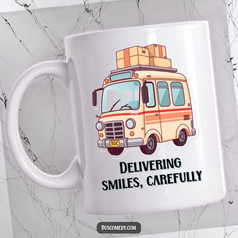 Funny mug featuring a small bus character precariously balancing a tall stack of packages on its roof.