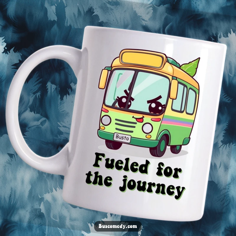 Funny mug featuring a bus character with a determined expression, racing an autumn leaf, symbolizing perseverance and quirky humor, a great funny gift.