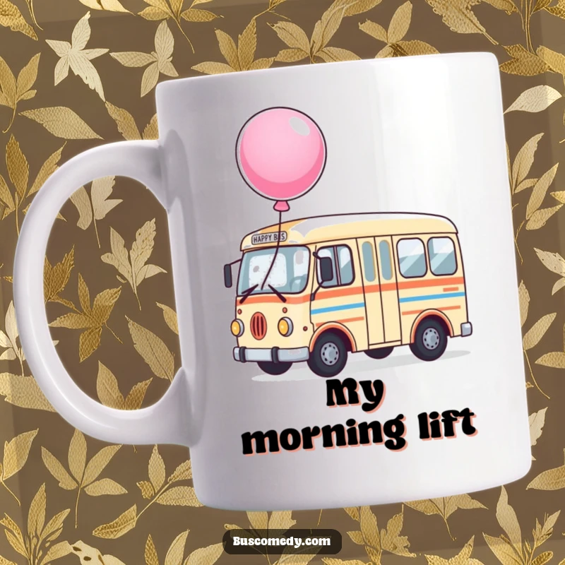 Funny Happy Bus Mug with a large, bouncing balloon tied to its roof, radiating pure joy and cheerfulness.