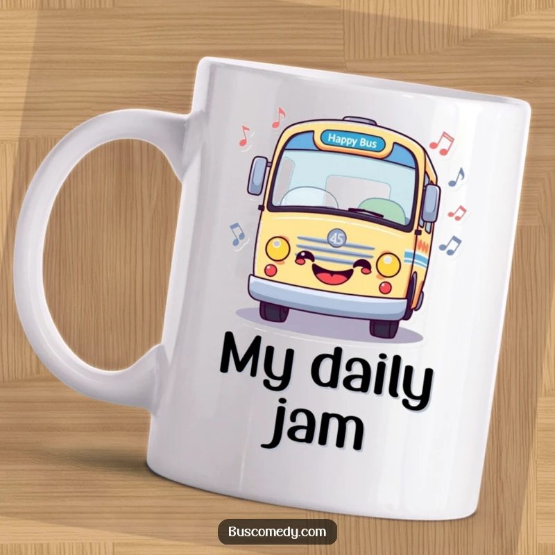 Funny mug featuring a happy bus surrounded by floating musical notes, conveying joy and a love for music, an excellent funny gift.