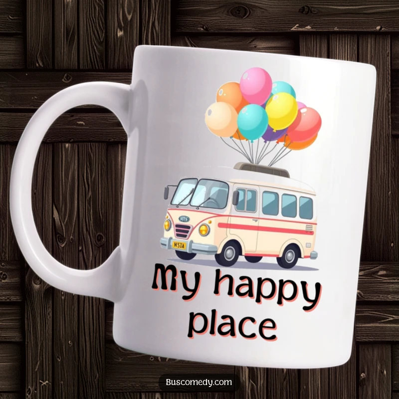 Funny Kawaii Bus Balloon Mug showing a cute bus character skillfully balancing colorful balloons on its roof, a whimsical scene.