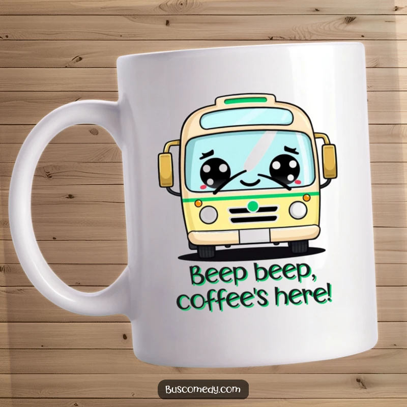 Funny kawaii bus mug with big, wide, cheerful eyes, giving a friendly honk, spreading joy and good vibes.