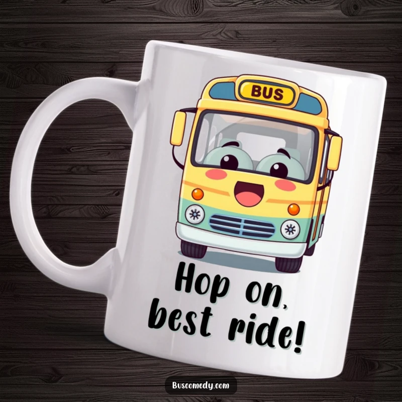 Funny Kawaii bus mug featuring a friendly character with a huge smile, inviting you on an exciting and cheerful ride.