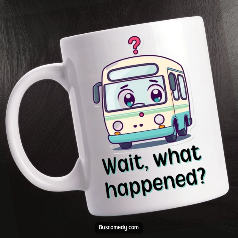 Funny Kawaii Bus Mug: Surprised kawaii bus character with wide eyes and a question mark above, showing confusion and curiosity.