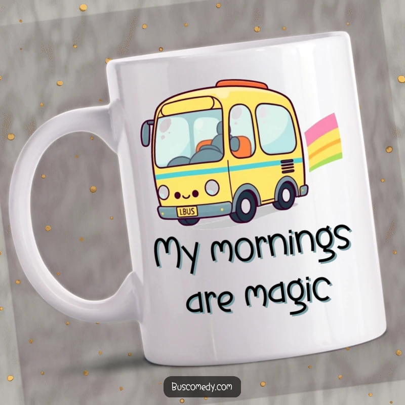 Funny Kawaii Bus Mug: Happy character driving a cheerful bus through a vibrant rainbow, spreading joy and good vibes.