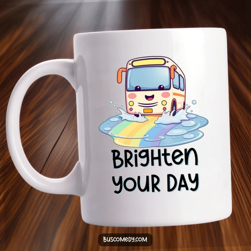 Funny kawaii bus mug, character splashing playfully through a vibrant rainbow puddle, colorful and joyful journey.
