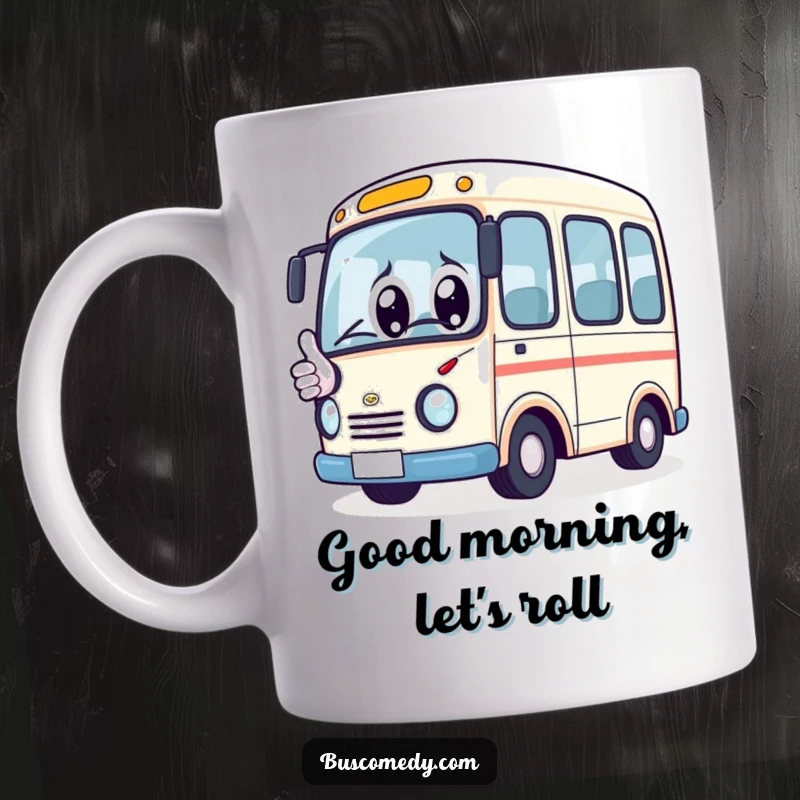 Funny Mug: Kawaii bus character with big, happy eyes, giving a positive thumbs up, radiating joy and optimism.