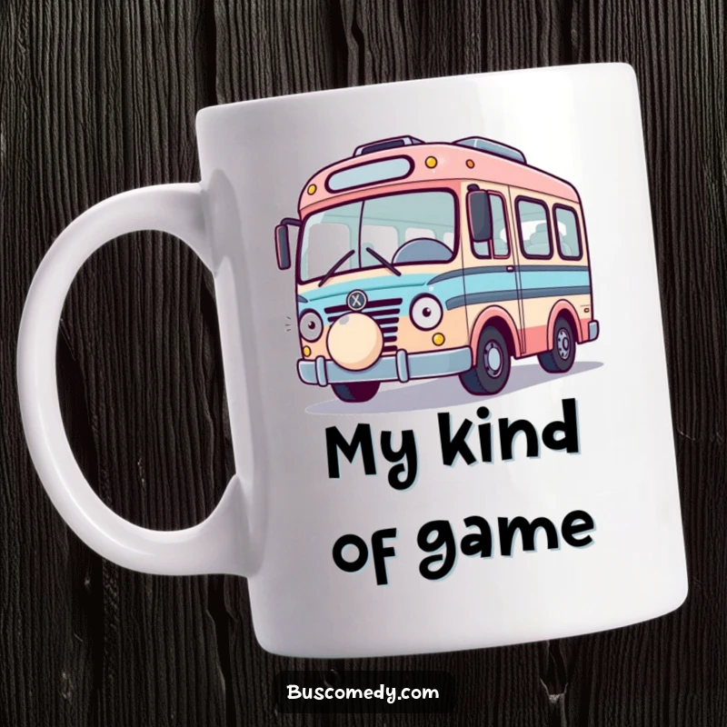 Funny Playful Bus Mug, a happy vehicle being nudged by a bouncing ball, full of playful energy. A fun funny gift.