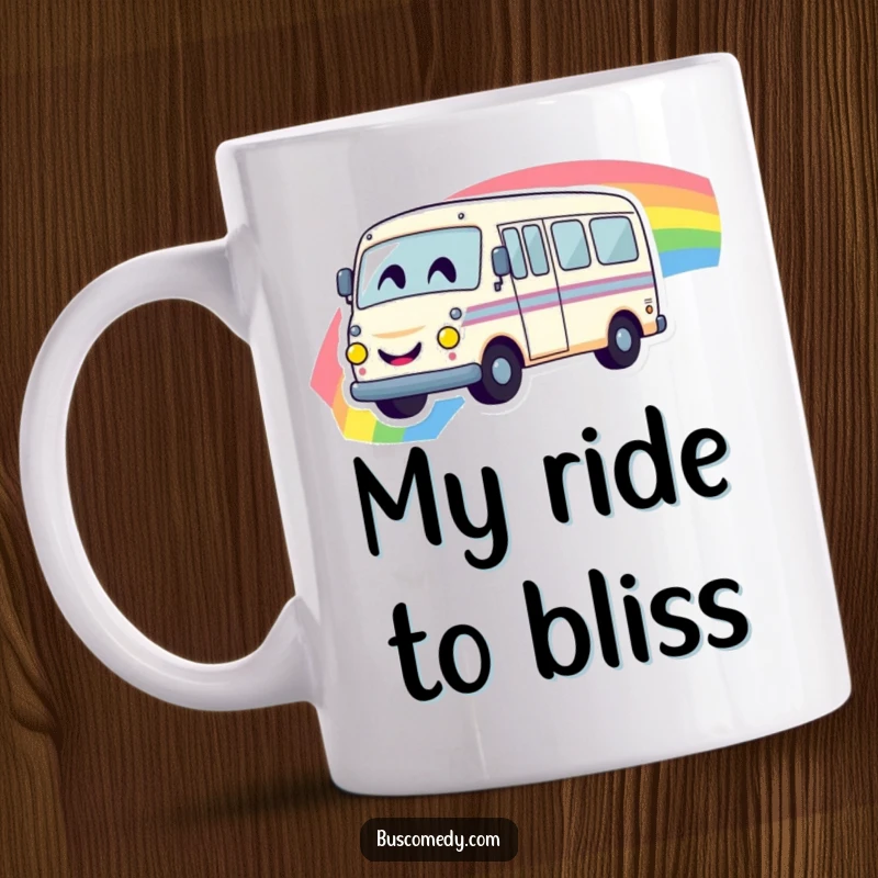 Funny mug featuring a cheerful bus with a big smiley face joyfully driving across a colorful rainbow, spreading happiness.