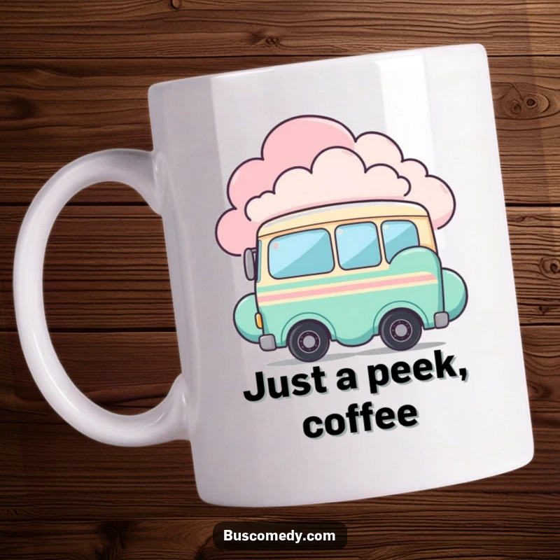 Funny mug with a shy bus character peeking from behind a vibrant, colorful cloud. This design exudes sweetness and timid curiosity.