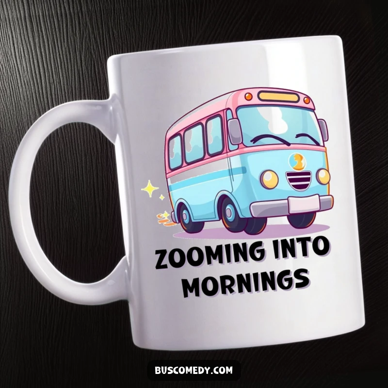 Funny Kawaii bus mug, a bus character with wheels spinning rapidly, leaving a trail of colorful sparkles.