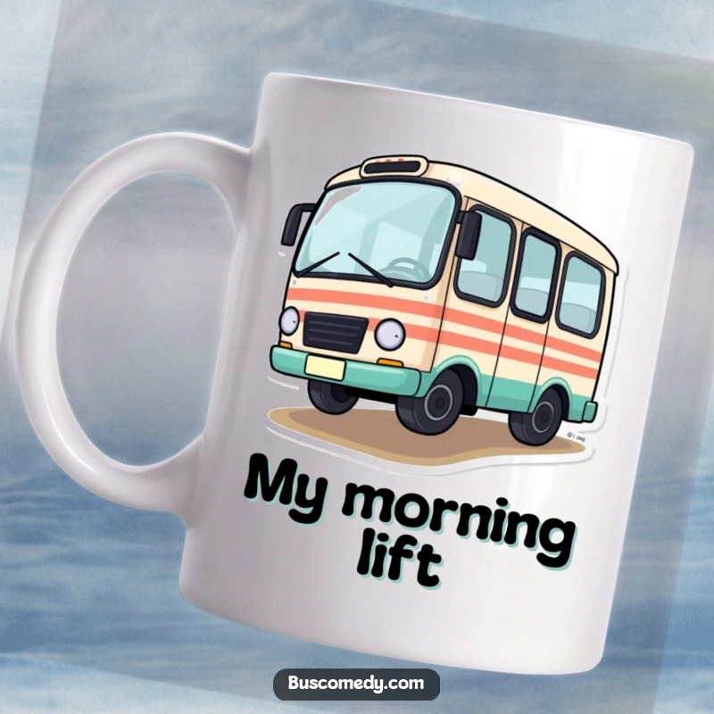 Funny Mug featuring a little bus character driving with one tire comically off the ground, showing a playful stunt.