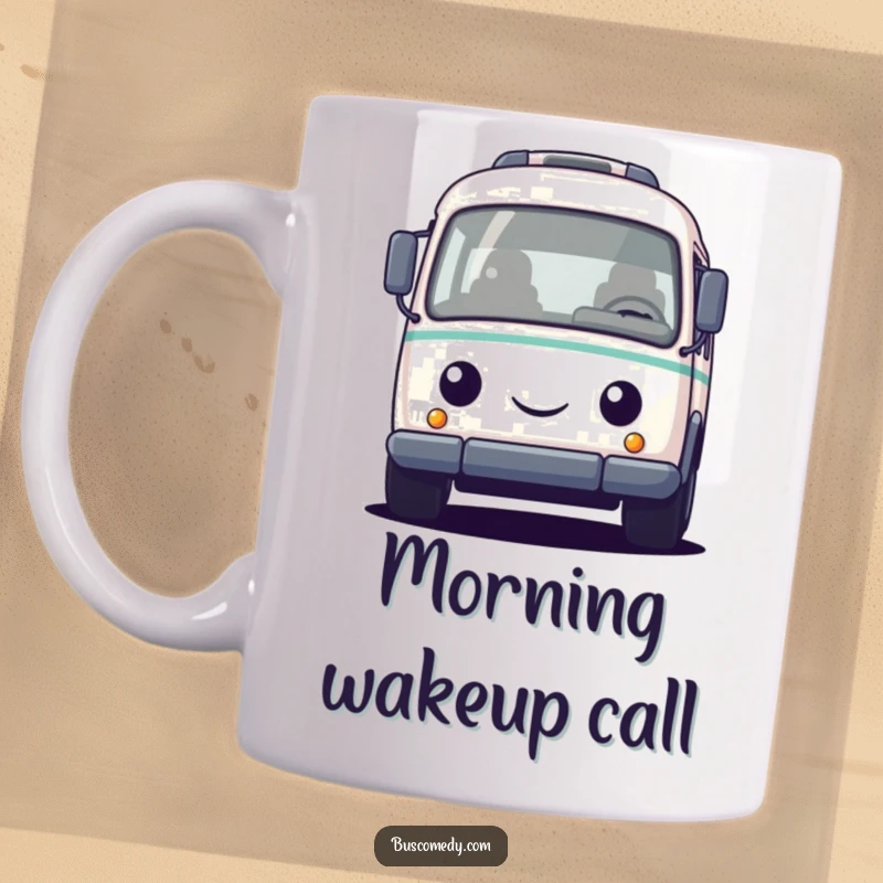 Funny mug featuring a small, round bus character with a friendly face, joyfully honking its horn, evoking cheerful transportation vibes.