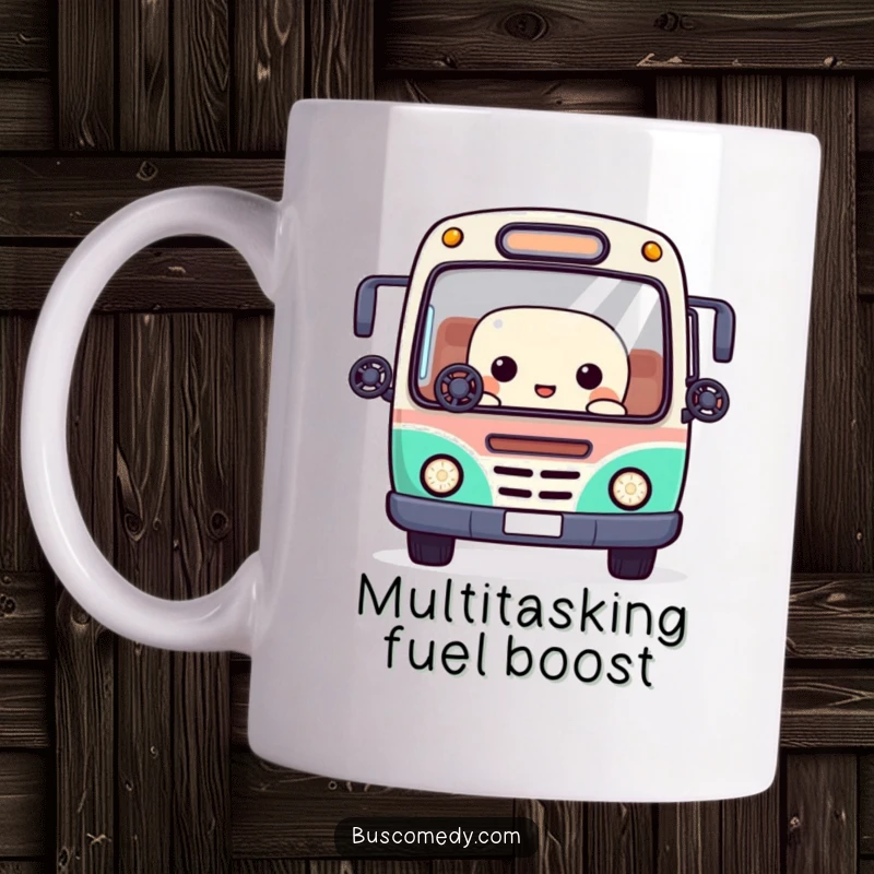 Funny Kawaii bus mug featuring a character juggling tiny steering wheels with its window-like eyes, showing off skills.