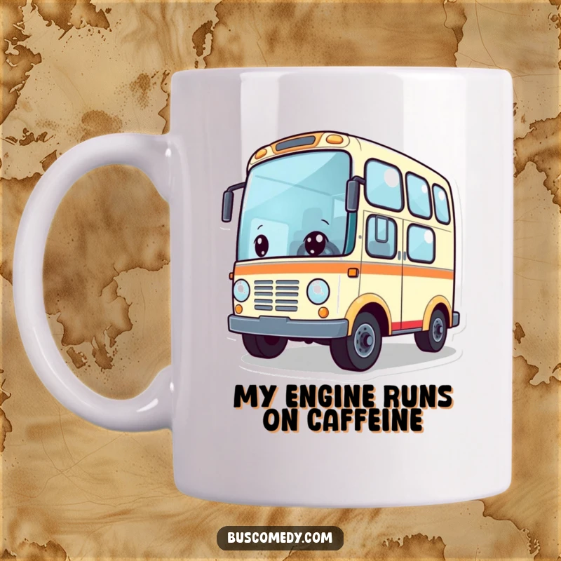 Funny mug featuring a cute, cartoon bus with wheels spinning, eager for adventure. This happy vehicle design brings joy and excitement.
