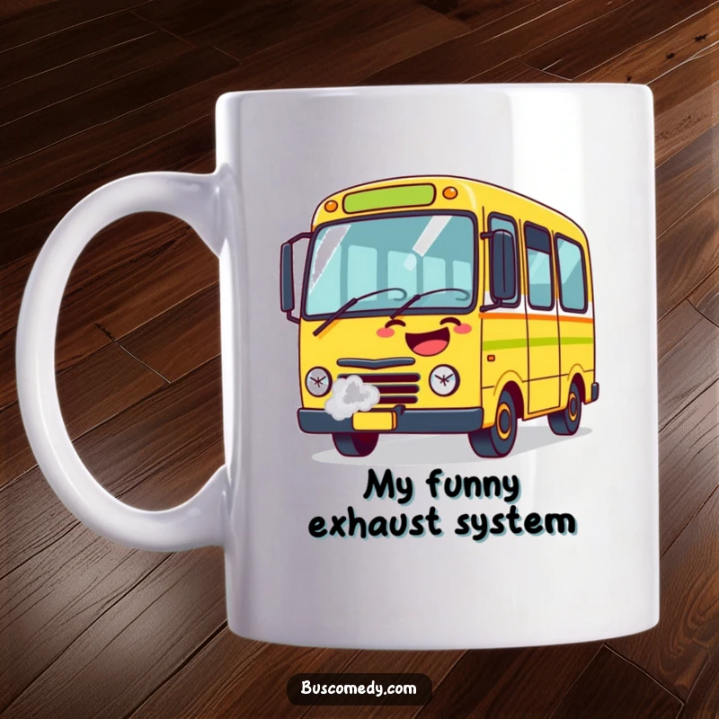 Funny Bus Mug with steam puffing from exhaust, embodying uncontrollable laughter, a comical and cheerful character.