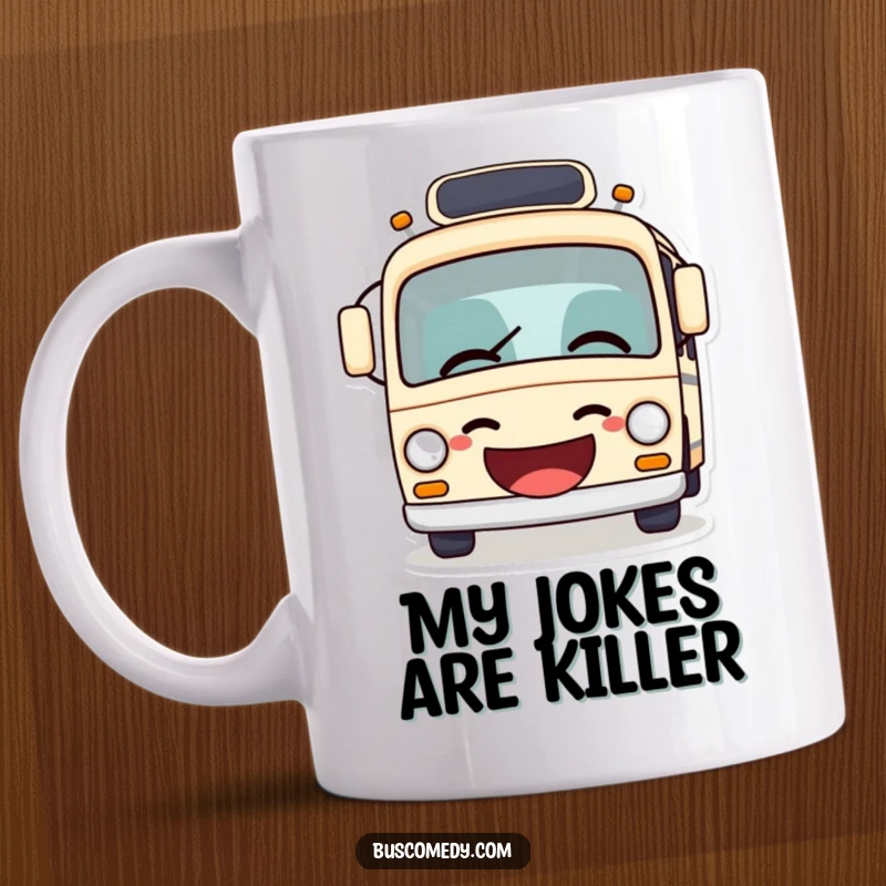 Funny bus mug with mouth wide open giggling, humorously telling a joke, radiating pure joy and laughter.