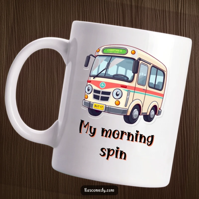Funny Mug featuring a dizzy bus character with its wheels spinning in a comical blur, conveying a sense of delightful disorientation.
