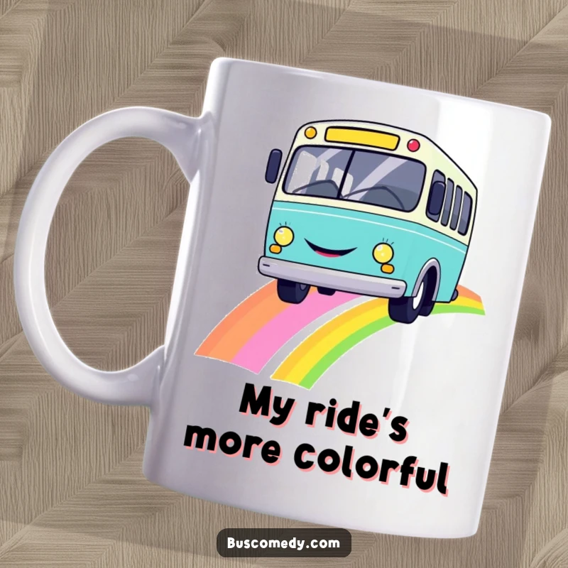 Funny ceramic mug featuring a cheerful yellow bus with a big smiley face driving over a vibrant rainbow.