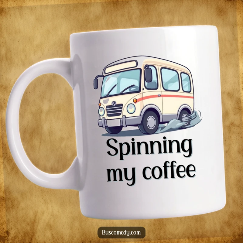 Funny cute bus character with wheels spinning rapidly as it performs a playful drift, depicted on a humorous mug.