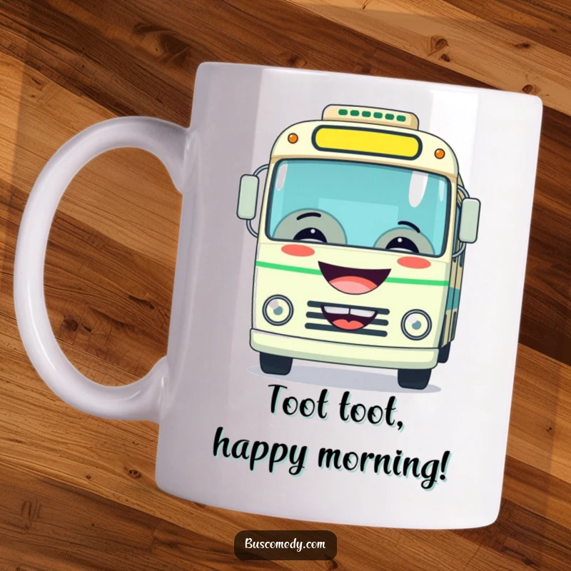 Funny mug featuring a bus with a huge grin, playfully honking its horn, radiating joy and mischief.