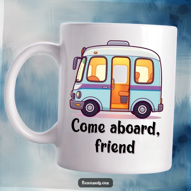 Friendly bus mug with a warm, inviting glow emanating from its interior, suggesting comfort and welcome.