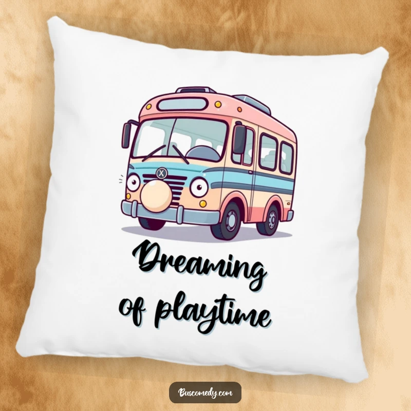 Funny Playful Bus Pillow, a cozy cushion depicting a bus playing with a bouncing ball. A comfortable funny gift.