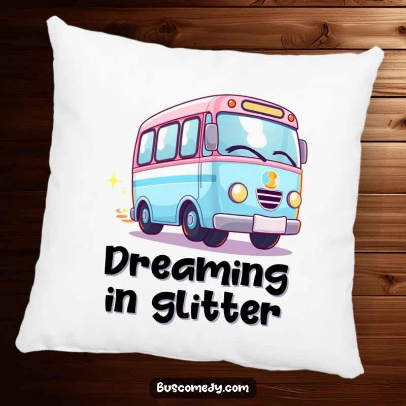 Funny Kawaii bus pillow, a bus with spinning wheels creating a sparkle trail, perfect for cozying up.