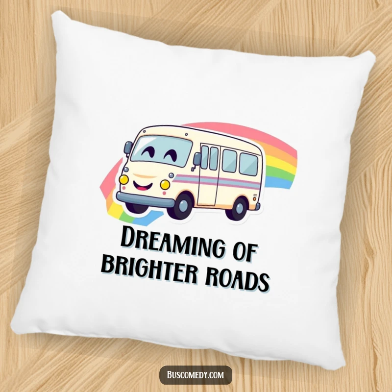 Funny pillow featuring a cute smiley bus driving over a colorful rainbow, adding a dash of whimsy to any room.