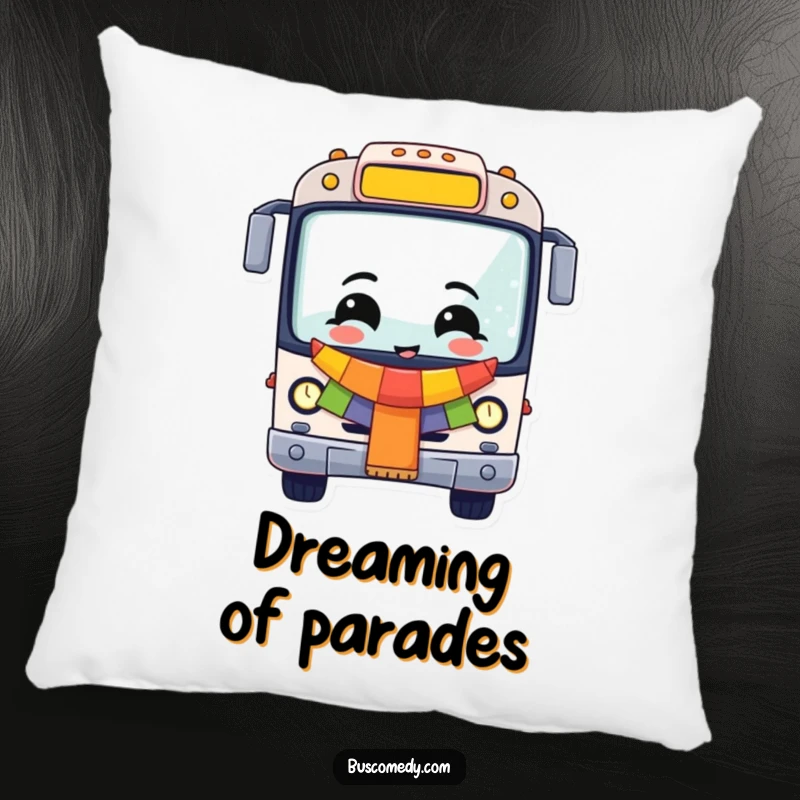 Funny Cheerful Bus Pillow, a cozy cushion featuring a celebratory bus with a colorful banner. A comfortable funny gift.