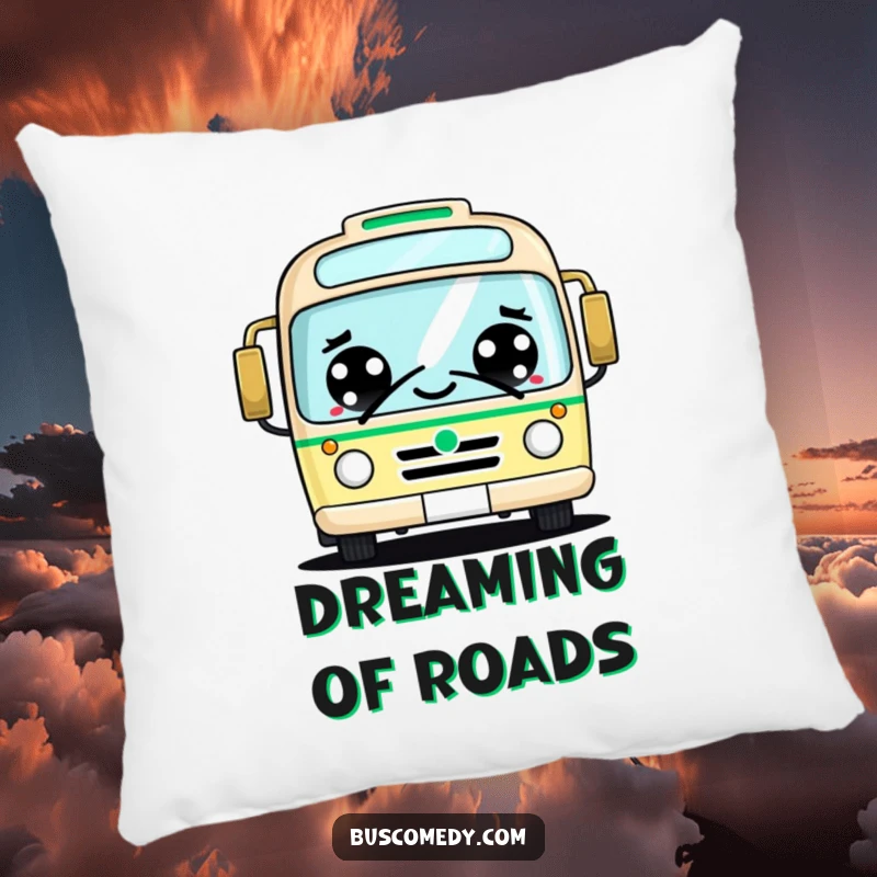 Funny kawaii bus pillow, big cheerful eyes, friendly honking, soft and cute decoration, embracing joy.