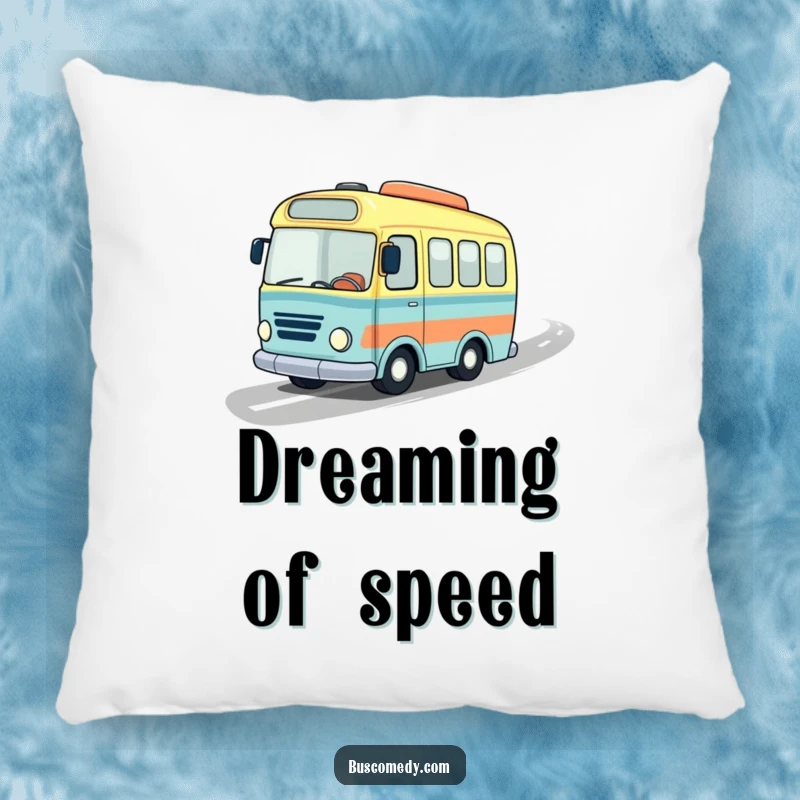 Funny pillow with a little bus character, a jaunty hat, and a wavy road, providing comfort and a sense of playful travel.