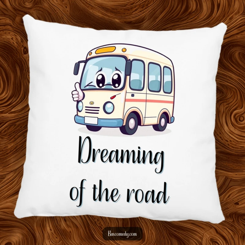 Funny Pillow: Kawaii bus character with big eyes, giving a thumbs up, offering soft comfort and cheerful appeal.