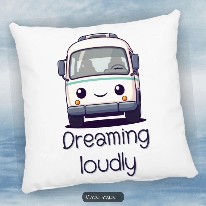 Funny pillow featuring a small, round bus character with a friendly face, honking its horn, perfect for adding cheerful humor to any space.