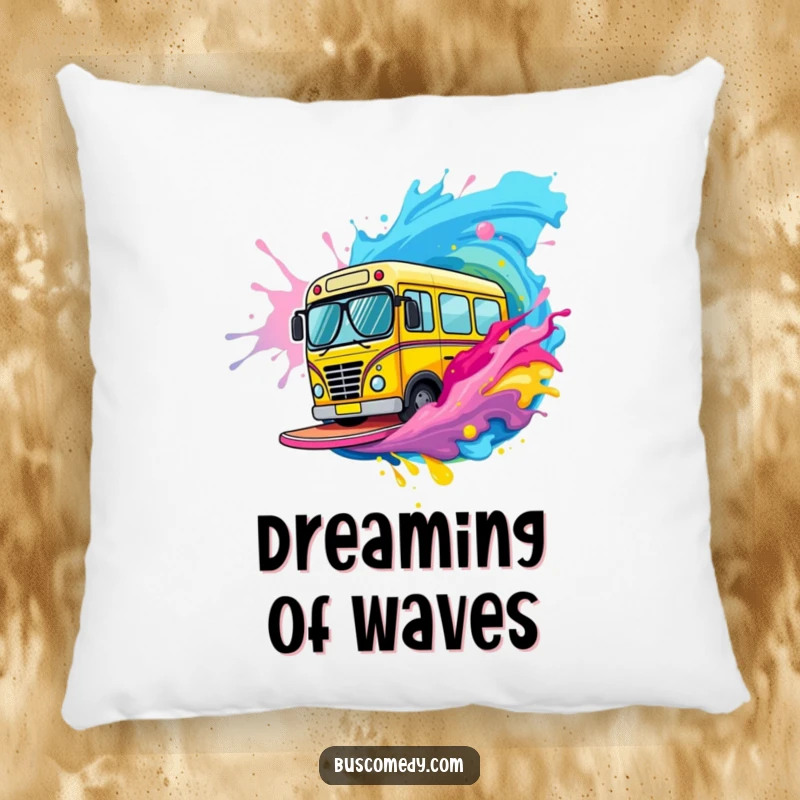 Funny bus character with tiny sunglasses surfs a colorful wave of paint on this decorative pillow.