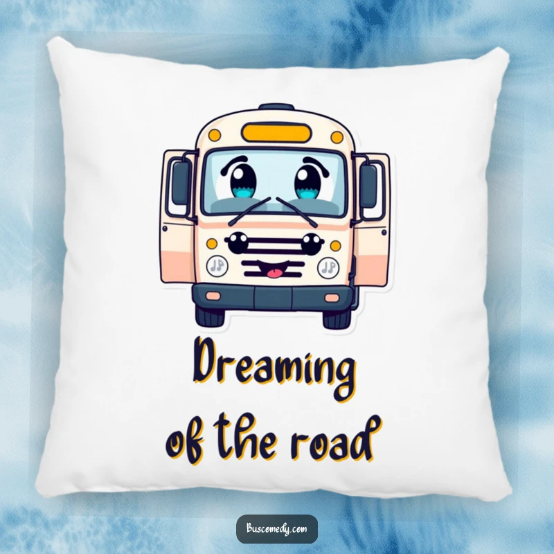 Funny cheerful bus character pillow, with large curious eyes, open doors invitingly, soft and decorative cushion.