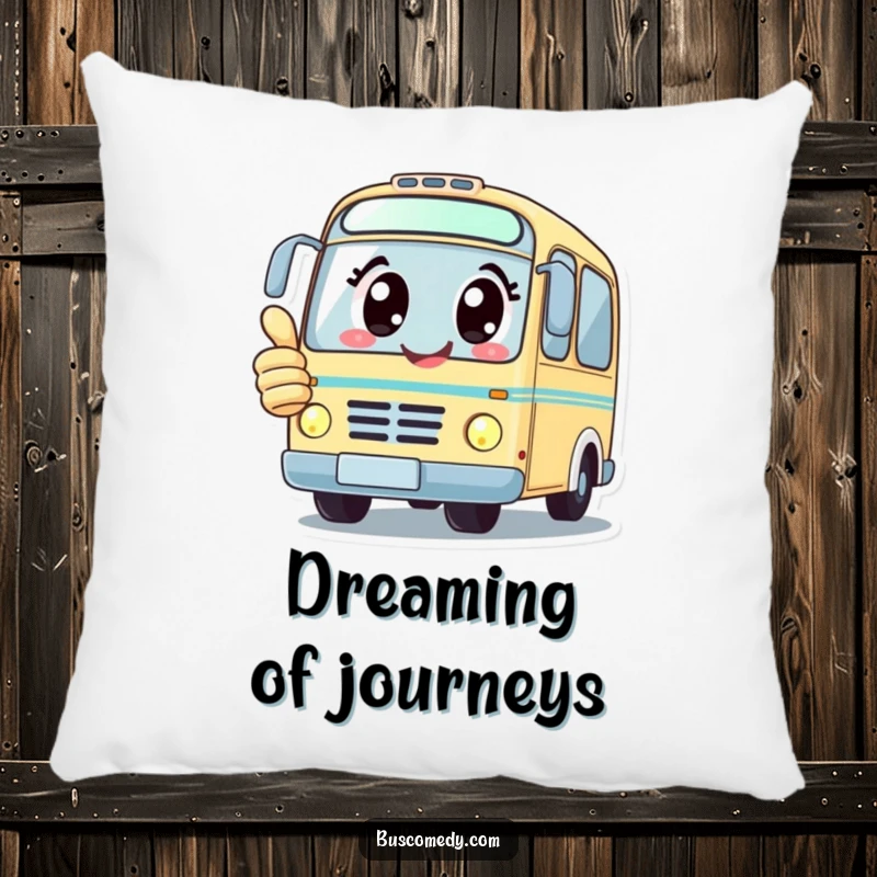 Funny soft pillow depicting a kawaii bus character with big happy eyes giving a thumbs up, perfect for lounging.