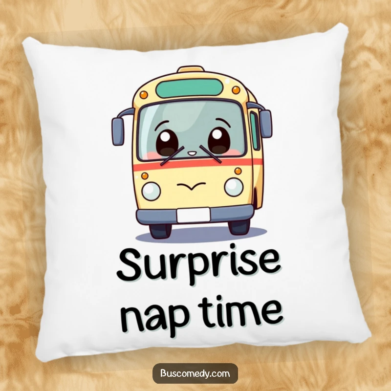 Funny Kawaii Bus Pillow with a giggling bus character showing a comical surprised expression, soft and huggable.