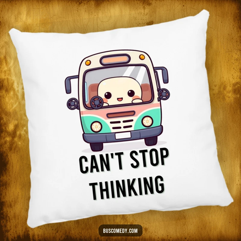 Funny pillow featuring a Kawaii bus character juggling tiny steering wheels with its window eyes, a symbol of busy fun.