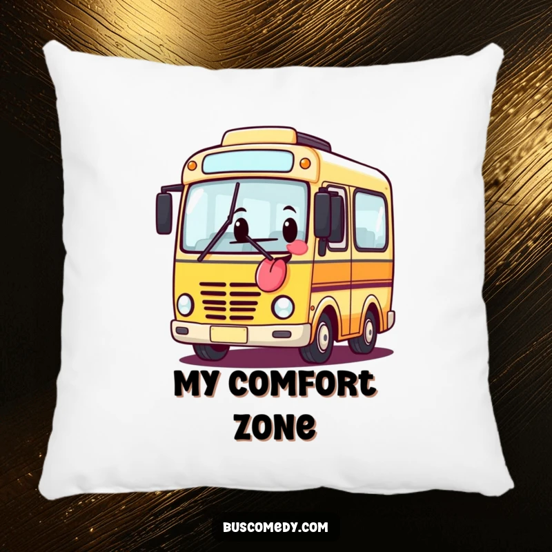 Funny plush pillow depicting a bus character with its tongue out, adding a touch of playful mischief to any room.