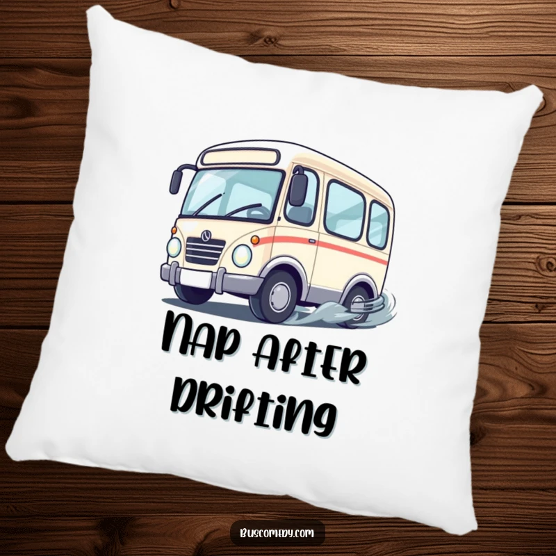 Funny cute bus character with wheels spinning rapidly as it performs a playful drift, on a plush and comfortable decorative pillow.