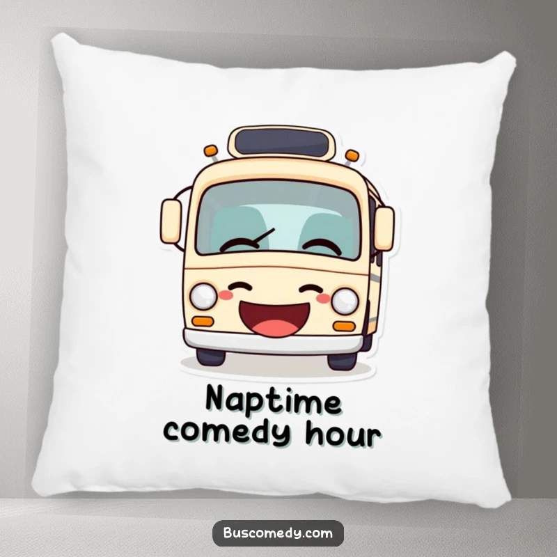 Funny bus pillow, a soft cushion featuring a bus with mouth open in a giggle, humorously telling a joke.
