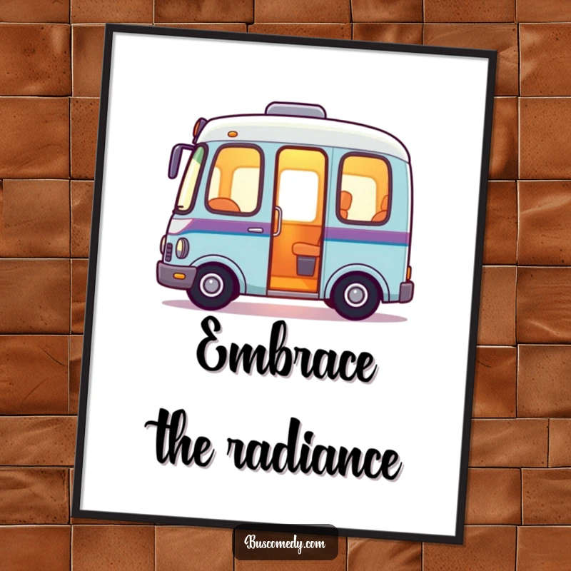 Friendly bus digital art print, a bus character with a warm, inviting glow emanating from its interior, creating a cozy scene.