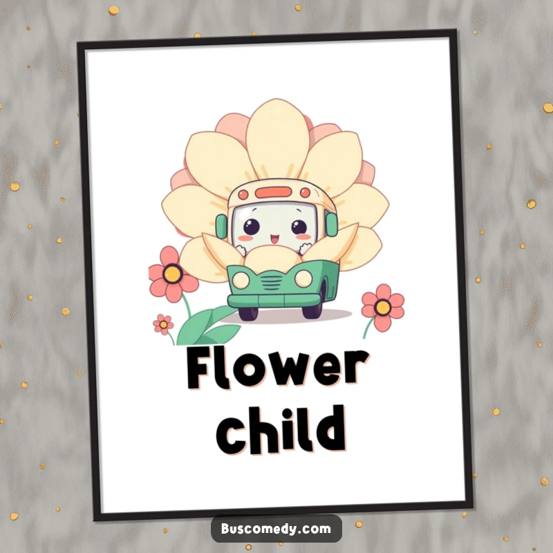 Funny Kawaii Bus Flower Digital Art Print of a cute bus character curiously peeking from behind a giant flower, charming and artistic.