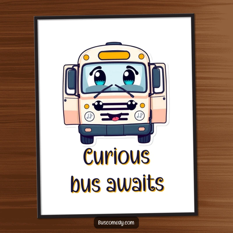 Funny cheerful bus character digital art print, with large curious eyes, open doors inviting passengers, instant download for decor.