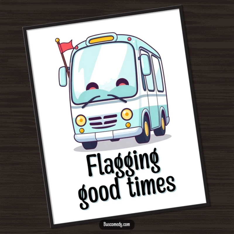 Funny Kawaii bus digital art print, a cheerful bus character waving a flag, vibrant and welcoming.